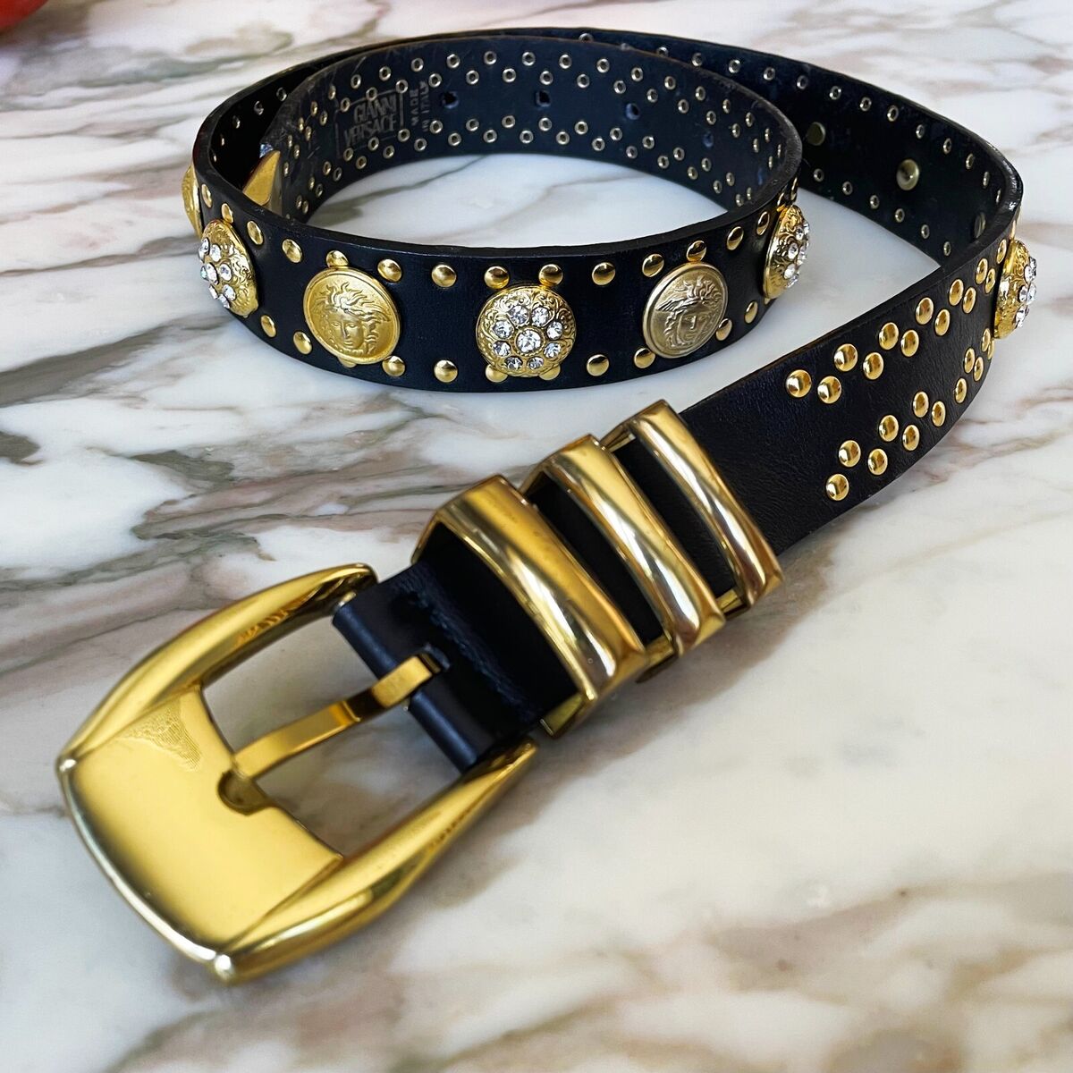 GIANNI VERSACE belt black leather studded rhinestone Medusa GIANNI VERSACE belt black leather studded rhinestone Medusa