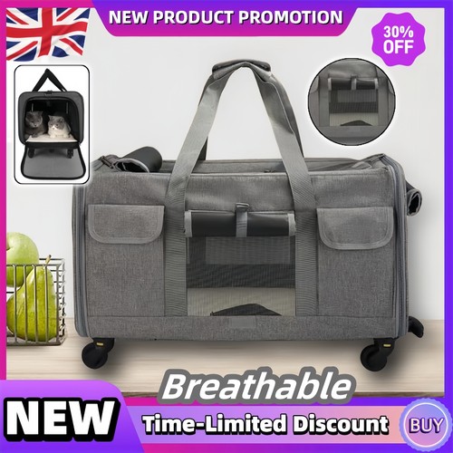 Cat Carrier with Wheels Rolling Pet Carrier with Handle 25 lbs Grey Foldable NEW