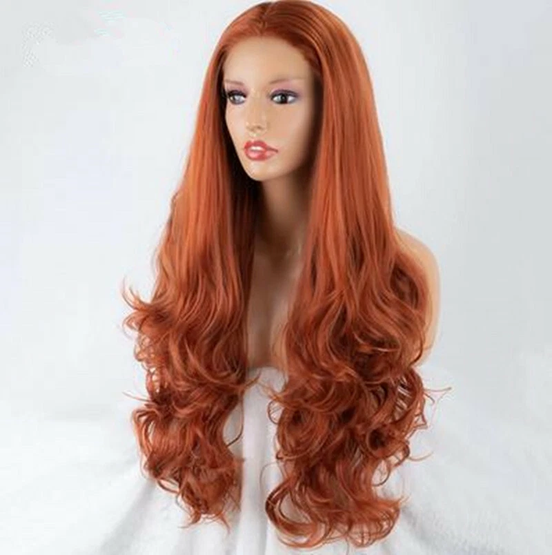 Women Copper Red Lace Front Wigs Orange Long Wavy Synthetic Natural Cosplay Wigs - Image 4 of 4