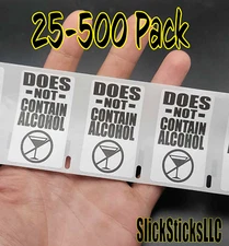 "DOES NOT CONTAIN ALCOHOL" 25-500 Warning Labels gag PARTY Stickers no bulk non
