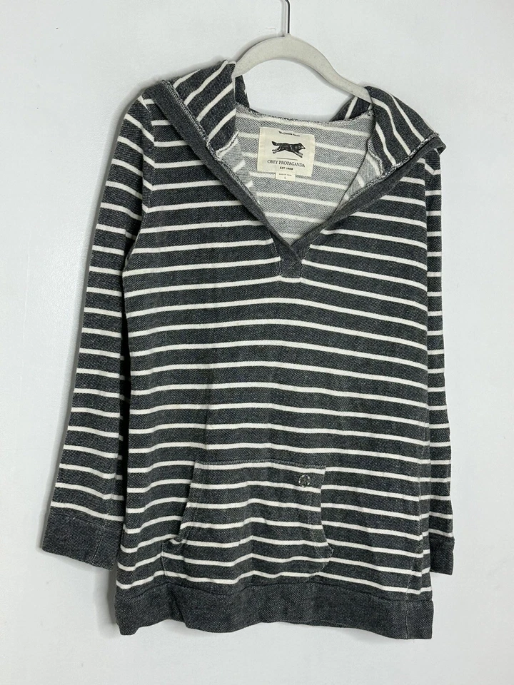 OBEY Women's Hoodie Grey & White Striped Pullover Cotton Size L - Image 3 of 4