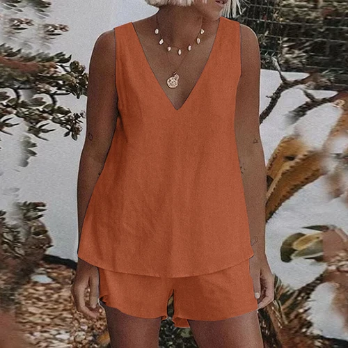Set completo donna summe cotone lino set camicia top camicia pantaloncini tuta - Foto 8 di 17
