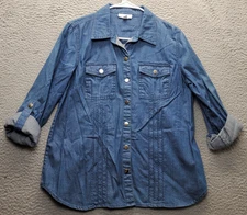 Charter Club Western Shirt Womens 10P Blue Cotton Roll Tab Sleeve Snap Front