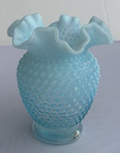 Vintage FENTON art glass - 8" tall Blue Opalescent Hobnail vase - ruffled top