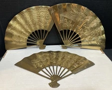 Lot of 3 Vintage Brass Fan Wall Asian Theme Hanging Wall Art Phoenix Bird￼