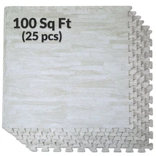 100 SqFt 3/8" White Wood Grain Foam Mat Interlocking Flooring 2'X2' 25pcs