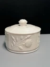 Vintage Pink Milk Glass Vanity Lidded Powder Dish W/Rose Motif 1950s