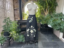 Vintage 1960s Black Cotton Silvery Floral Floss Embroidered Fringe Maxi Skirt