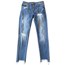 Vervet Women's Distressed Button Fly Ankle Skinny Jeans with Frayed Hem Size 28