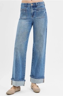 RISEN Full Size Elastic Band Mid Rise Wide Front Patch Pocket Cuff Jeans Sz 13