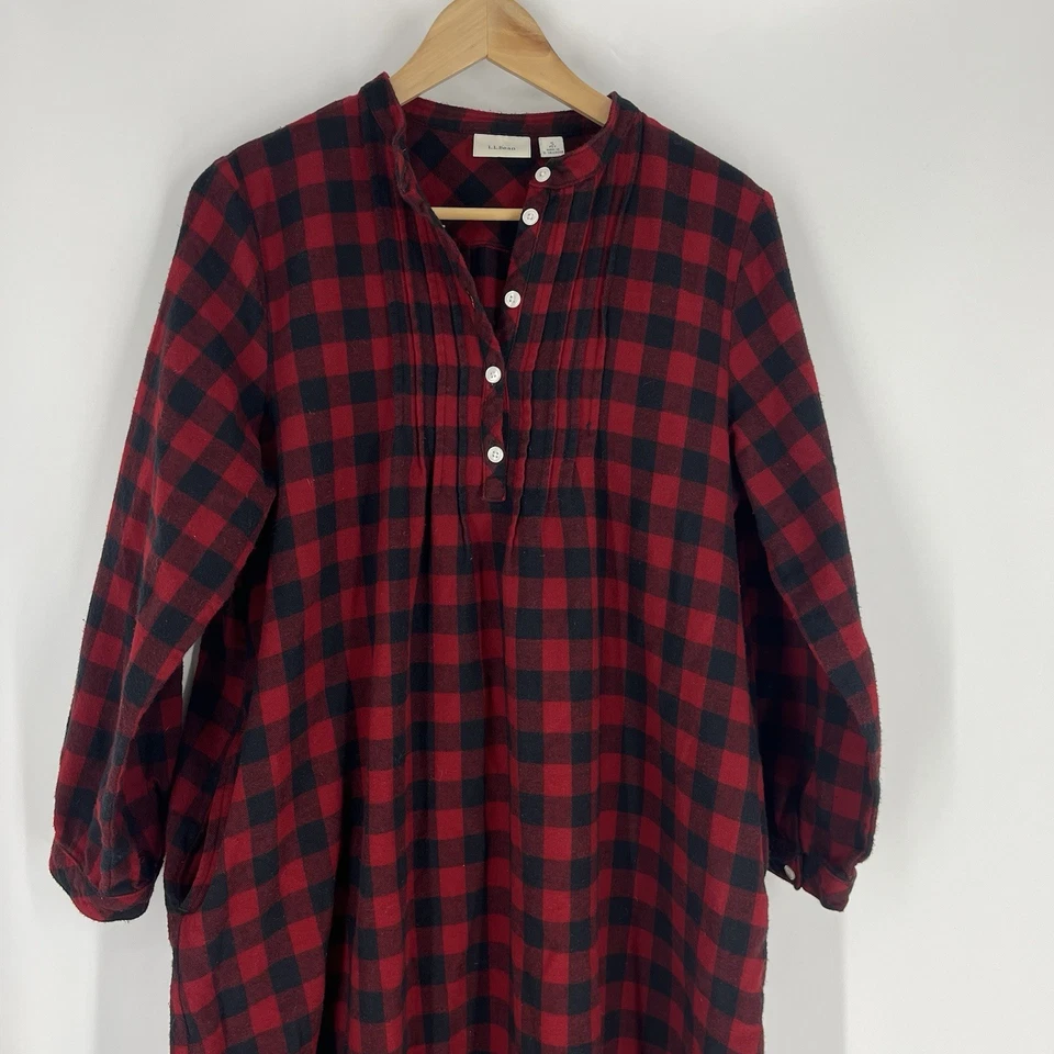 LL Bean Scotch Plaid Flannel Nightgown Size Small Petite Red Black Buffalo Check - Image 2 of 4
