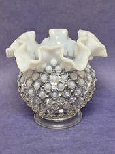 Pretty Fenton Clear To White Opalescent Hobnail Ruffled 4.5" Glass Vase -No Mark