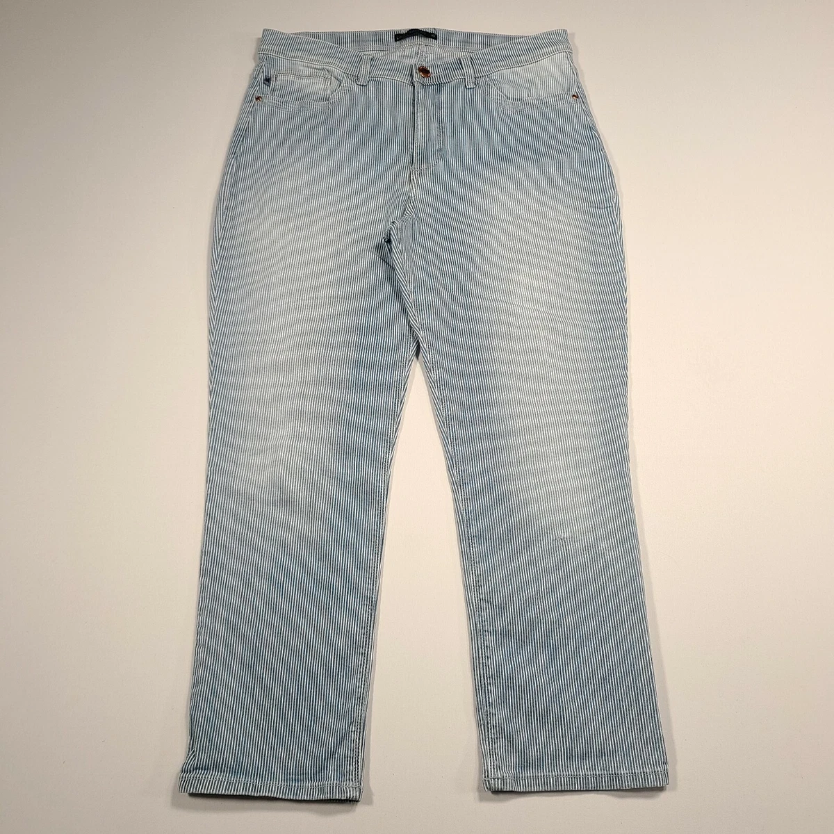 Lee Jeans Womens 12 Mid Rise Cropped Easy Fit Striped Zip Light Wash Blue Denim
