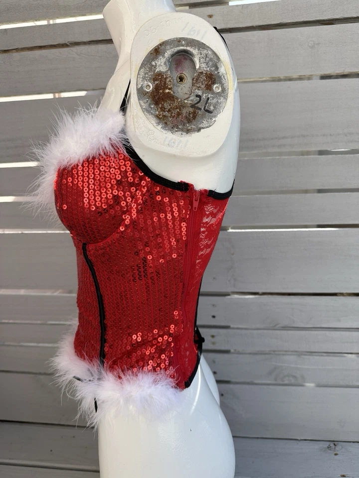 Dreamgirl Corsé Rojo Borde de Piel Navidad Vacaciones Top Lentejuelas Encaje Talla 32 OFERTA Foto 2 de 4