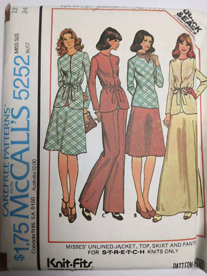 Jacket Top Skirt Pants 12 McCalls 5252 Sewing Pattern UC VTG 70s Stretch Knit