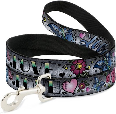 NEW!! Buckle-Down 4ft Black Grey Love Tattoo Series Dog Leash - Made in the USA!