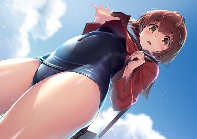Anime girls swimwear blue swimsuit onepiece thighs sky Playmat