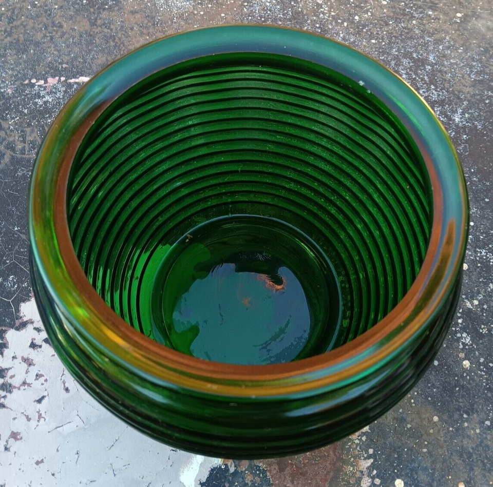 Vintage National Potteries Green Ribbed Glass Bowl or Vase 1162