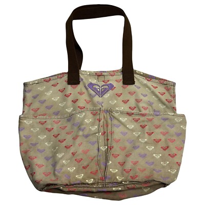 Vintage Roxy All Over Print Canvas Tote Bag Purse Brown Tan Surf Beach Y2K 2000s