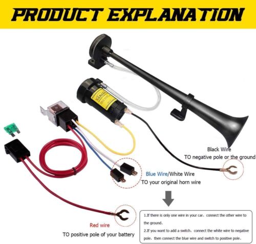 GAMPRO 12V 150Db Air Horn, 18 Inches Chrome Zinc Single Trumpet Truck Air Horn w - Picture 5 of 8