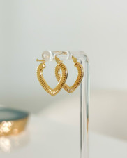 14k Solid Gold Heart Hoops, Textured Earrings, Minimalist, Real 585 Yellow Gold