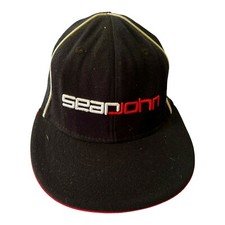 Sean John Sm Med Black Flat Back Hat Cap Black White Red Hard to Find