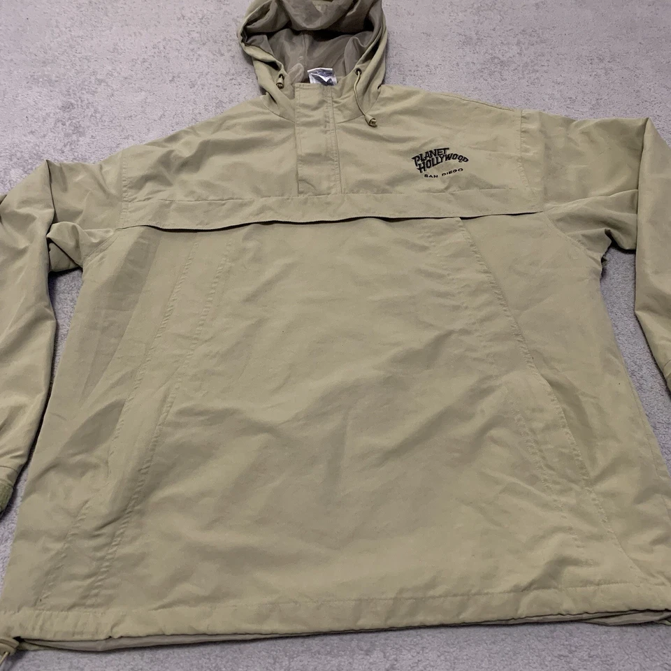 Jaqueta corta-vento masculina vintage Planet Hollywood 2XL capuz 1/4 zíper bege defeito 1998 - Imagem 3 de 4