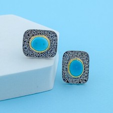 Textured Silver 925 Cufflinks Men's Natural Gemstone Turquoise Jewelry VALENTINE