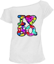 Womens Off Shoulder Slash Neck "I Love The 80s" Print Basic T Shirt Style Top