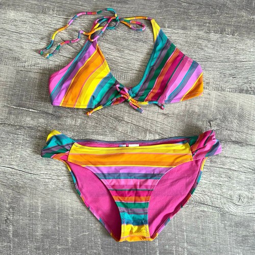 Inmocean Bright Rainbow Striped Bikini Set Juniors L Halter Triangle Top 2 Piece
