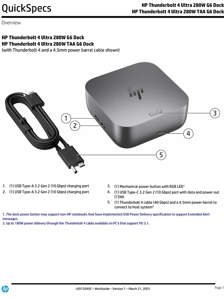HP Thunderbolt 4 Ultra 280W G6 Laptop Dock Docking Station AW5M5UT