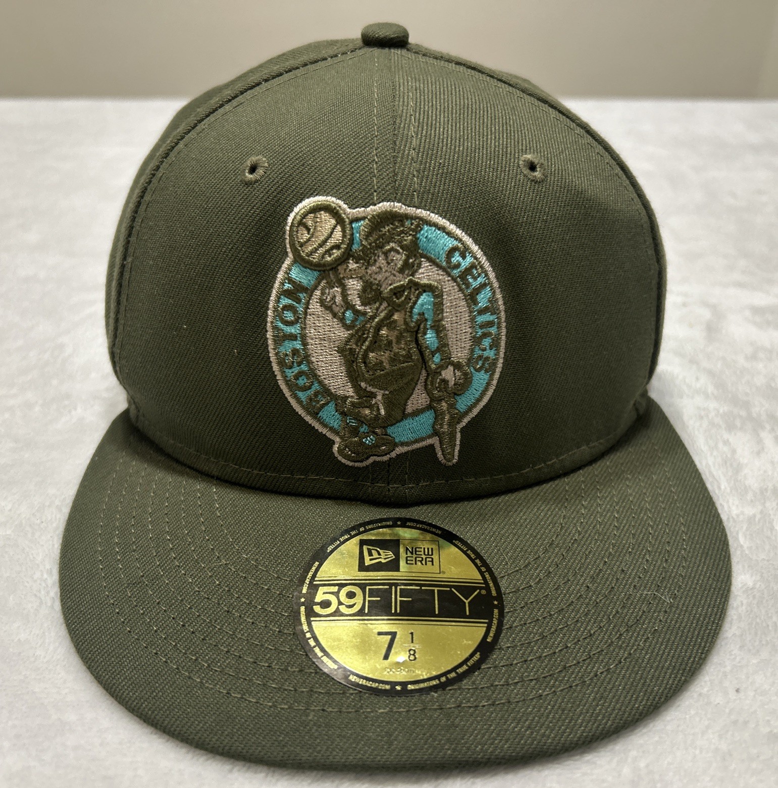 Boston Celtics New Era Hat Cap 59Fifty 7 1/8 Fitted Olive Army Rare NBA