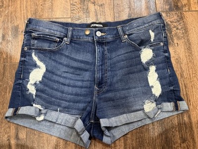 Express Womens Festival Shortie Low Rise Distressed Denim Shorts Size 14 Grunge