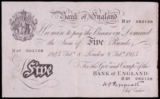 Bank of England White £5 Five Pounds 1945 Peppiatt P 342 (N2506) BA Mb