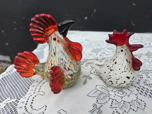 Lot of 2 Vintage Murano Style Hand Blown Art Glass Rooster Figurines
