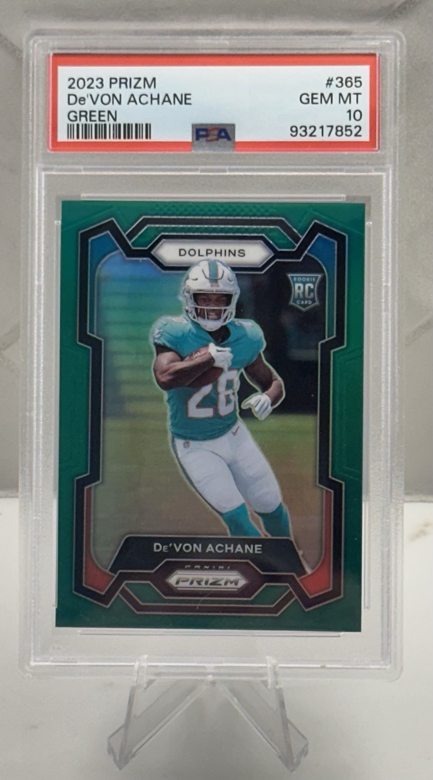 2023 Panini Prizm De'Von Achane #365 Green Prizm Rookie RC PSA 10 Miami 🟠🐬