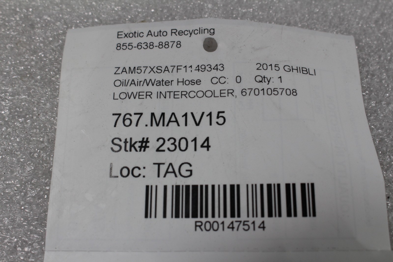 Maserati Ghibli, Quattroporte, Lower Intercooler Hose, Used, P/N 670105708