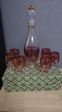 Vintage Mid Century Cranberry 1950s Glass Decanter and 6 Glasses Set In Box VGC