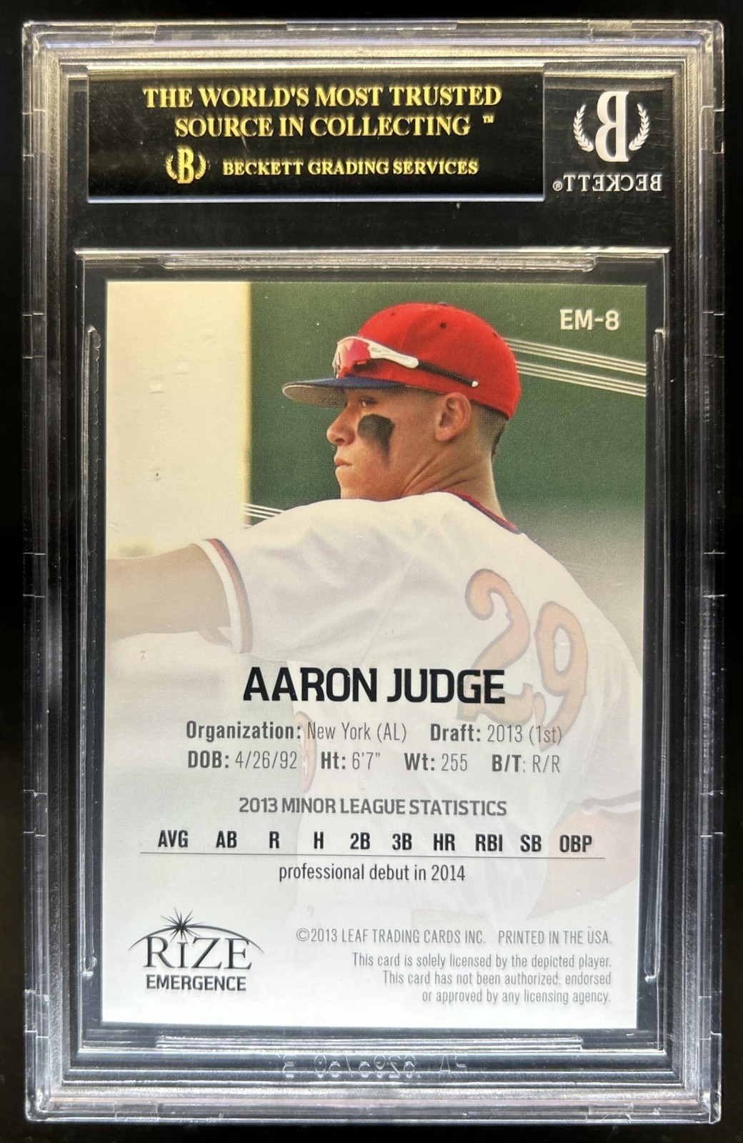 2013 Leaf Rize Aaron Judge Prospect Yankees #EM-8 BGS 10 Pristine Black Label view 2