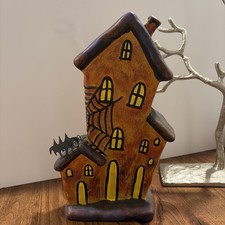 Vintage Clay Haunted House Halloween Decor Hand Painted Spider Web Bat Folk Art