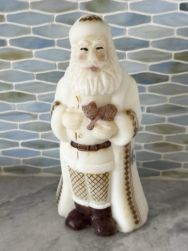 Fenton Opal White Glass Santa With Kitten Cat Handpainted Signed #2620