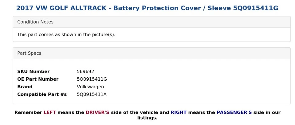 2017 VW GOLF ALLTRACK — защитный чехол для аккумулятора / чехол 5Q0915411G - Изображение 4 из 4