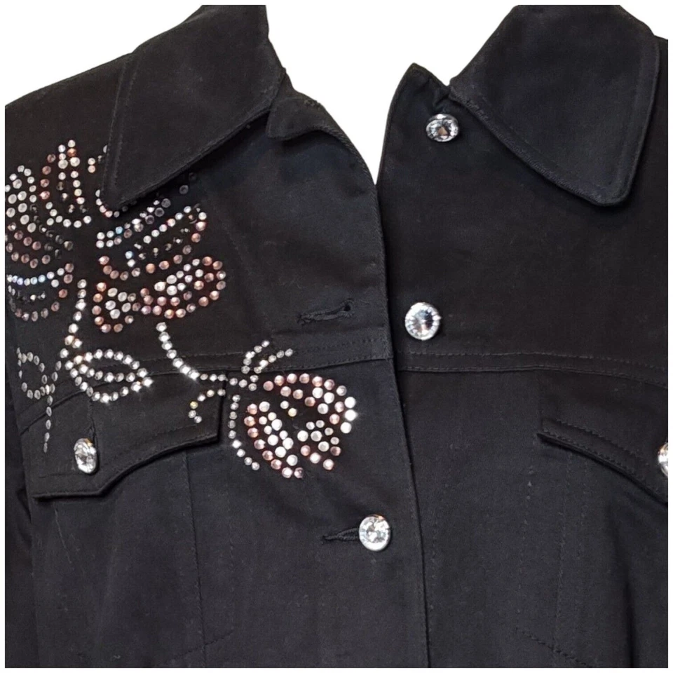 Nueva chaqueta de mezclilla Quacker para mujer talla mediana algodón cepillado brillante floral negra Foto 4 de 4