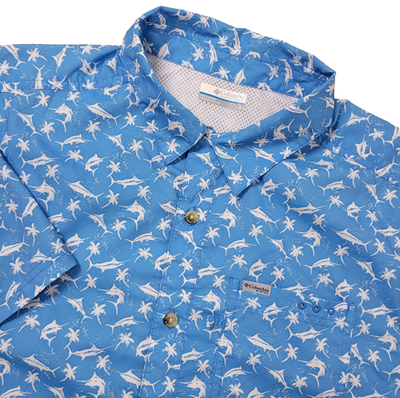Columbia PFG Omni Shade Mens Large Blue White All Over Fish Floral