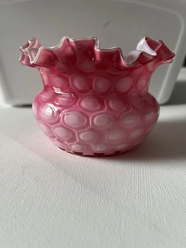 Vintage Fenton Cranberry Pink Opalescent Coin Dot Art Glass Crimped Edge Bowl