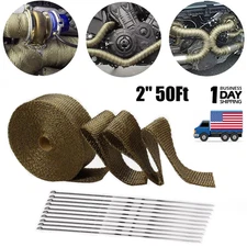 2" 50FT Titanium Exhaust Wrap Manifold Header Pipe Heat Wrap Tape w/ 10 Ties Kit