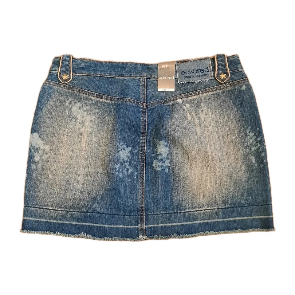 NUEVO De Colección Y2k Ecko Rojo Denim Jean tiro bajo Minifalda Remache Distress Dobladillo deshilachado 11 Foto 2 de 4