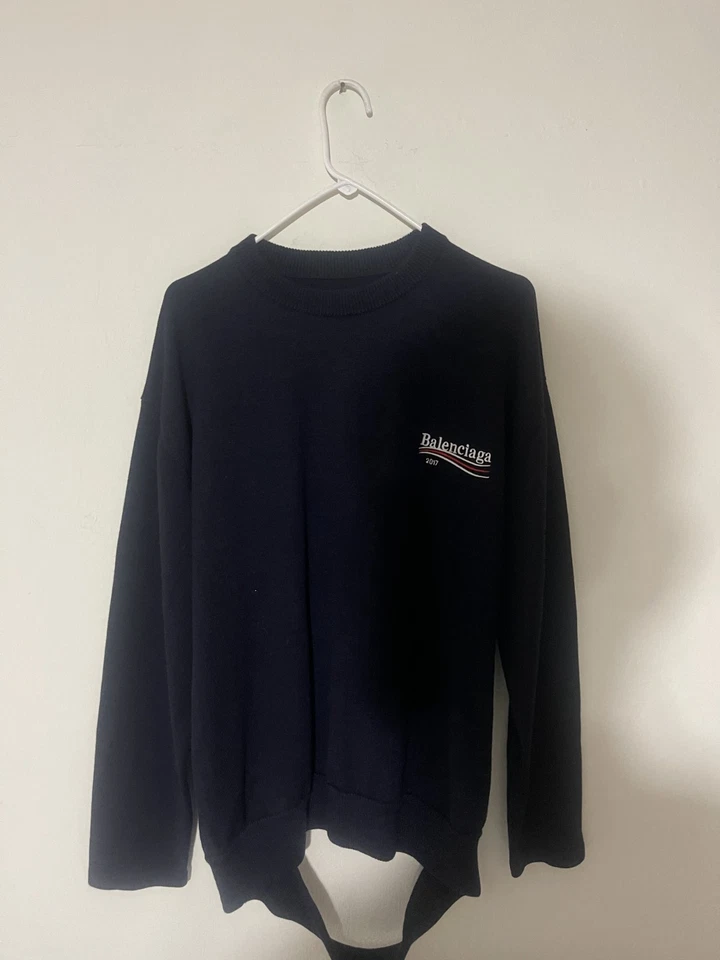 Balenciaga 2017 Campaign Logo Crewneck Sweater Men's M Dark Navy Wool Blend - Image 4 of 4