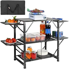 Camping Kitchen Table Folding Portable Cook Station 5 Tables & 2 Shelves