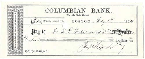 CIVIL WAR Joseph Lyman, Harvard Abolitionist, Signed 1864 Check